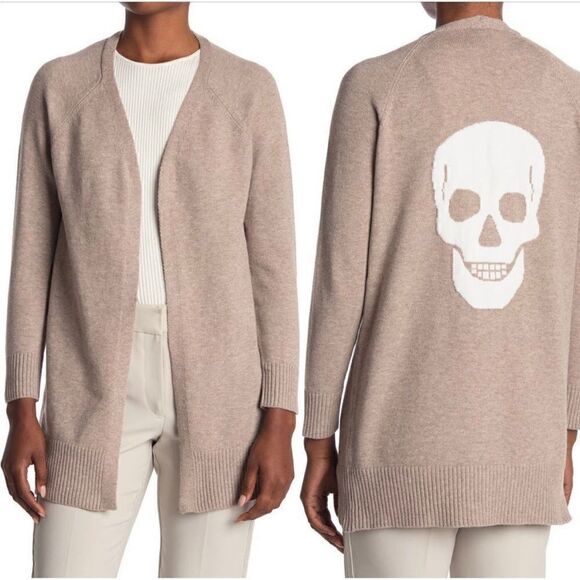 Sweet Romeo Skull Back Open Long Sleeve Cardigan Sweater, Tan/White, Medium - Picture 1 of 16